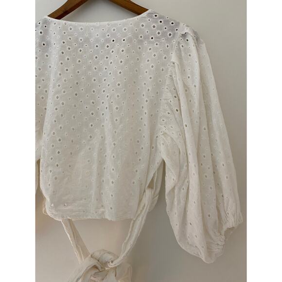 L Space Anthropologie Eyelet White Lace Puff Sleeve Tie Wrap Around Waist Crop M - Picture 8 of 10